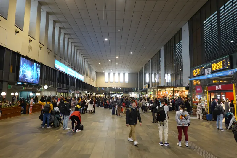 The bright main concourse of Seville's Santa Justa railway station